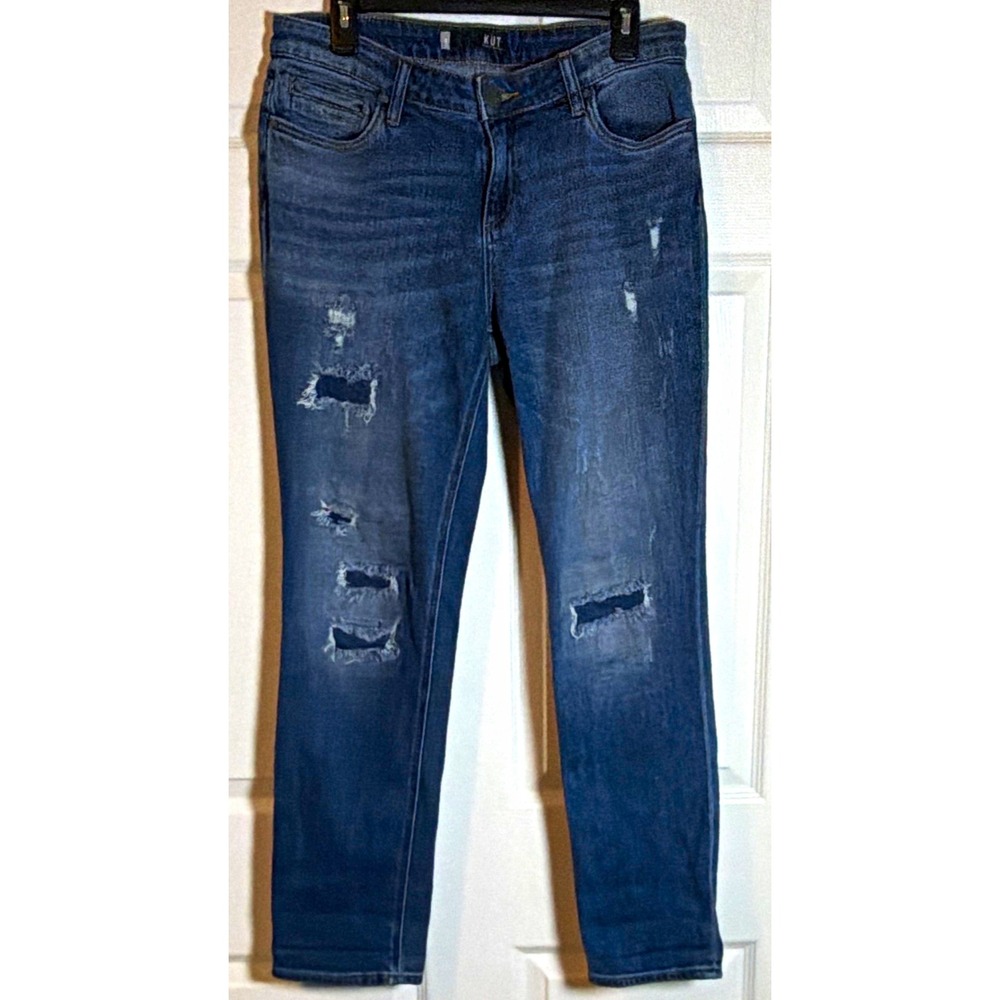 KUT from the Kloth Catherine Boyfriend Blue Denim Distressed Stretch Jeans 8